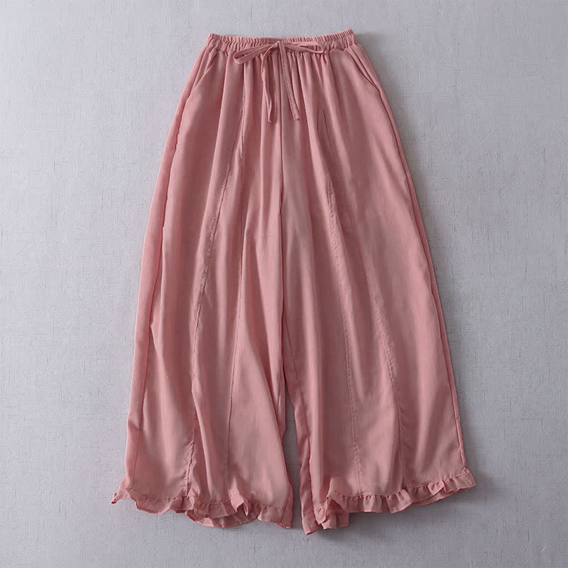 Buddha Stones Spring Summer Casual Minimalist Drawstring Solid Cropped Pleated Cuff Pants Women's Wide Leg Pants With Pockets - PaleVioletRed - US8-10, UK/AU12-14, EU40-42 (2XL) - image 1