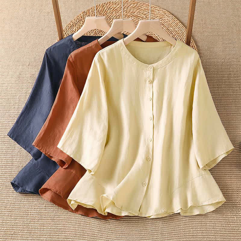 Buddha Stones Summer Casual Minimalist Button-Up Solid Women's Elbow-Length Sleeve Shirts - image 12