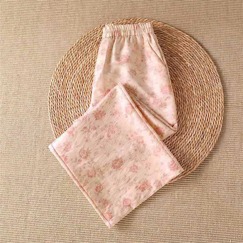 Buddha Stones Spring Summer Casual Boho Pink Floral Long Pants Women's Wide Leg Pants With Pockets - image 2