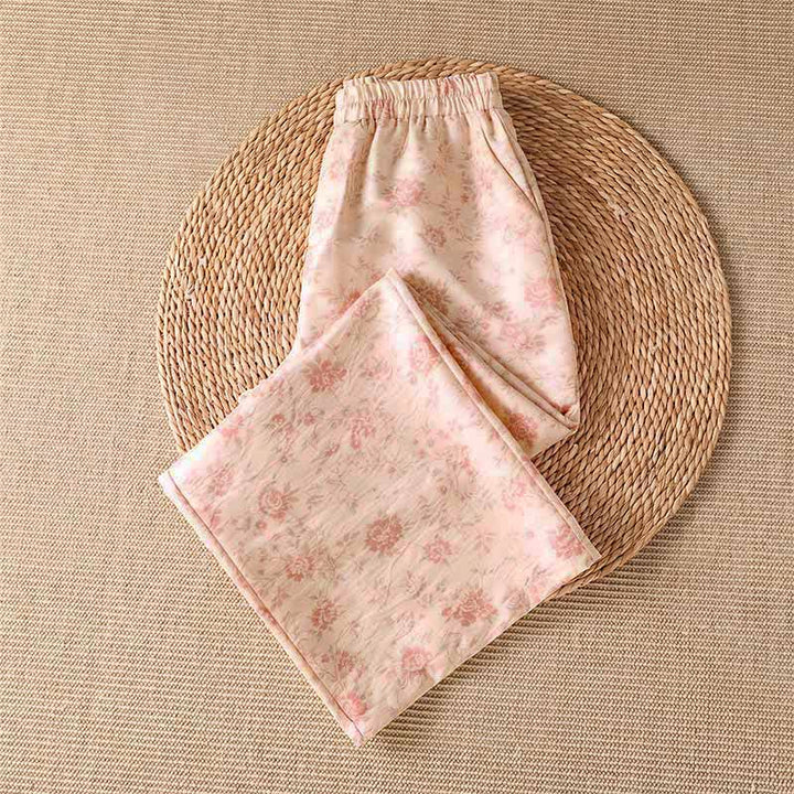 Buddha Stones Spring Summer Casual Boho Pink Floral Long Pants Women's Wide Leg Pants With Pockets - image 2