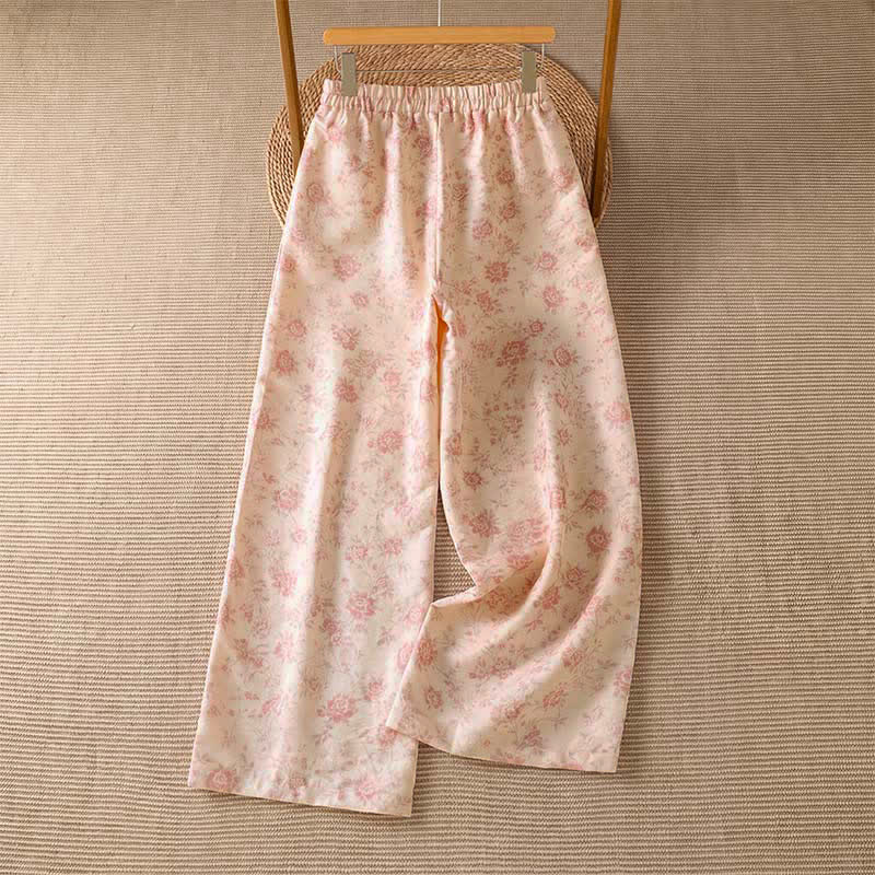 Buddha Stones Spring Summer Casual Boho Pink Floral Long Pants Women's Wide Leg Pants With Pockets - image 1