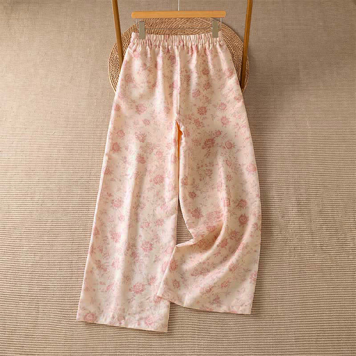 Buddha Stones Spring Summer Casual Boho Pink Floral Long Pants Women's Wide Leg Pants With Pockets - image 1