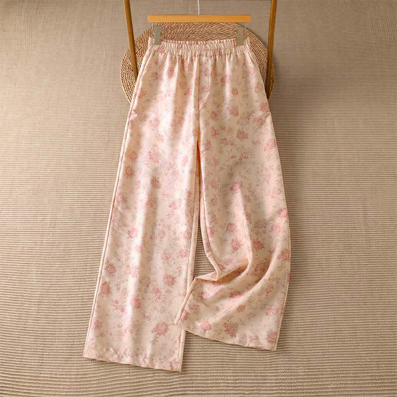 Buddha Stones Spring Summer Casual Boho Pink Floral Long Pants Women's Wide Leg Pants With Pockets - MistyRose - US8-10, UK/AU12-14, EU40-42 (2XL) - image 0