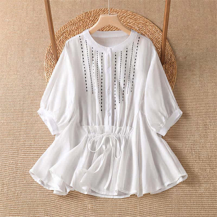 Buddha Stones Summer Casual Boho Button-Up Drawstring Solid Flared Hem Women's Short Sleeve Shirts - White - US8-10, UK/AU12-14, EU40-42 (2XL) - image 7