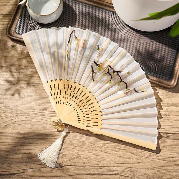 Buddha Stones Beige Magnolia Floral Elegant Bamboo Folding Fan 21 cm - image 5