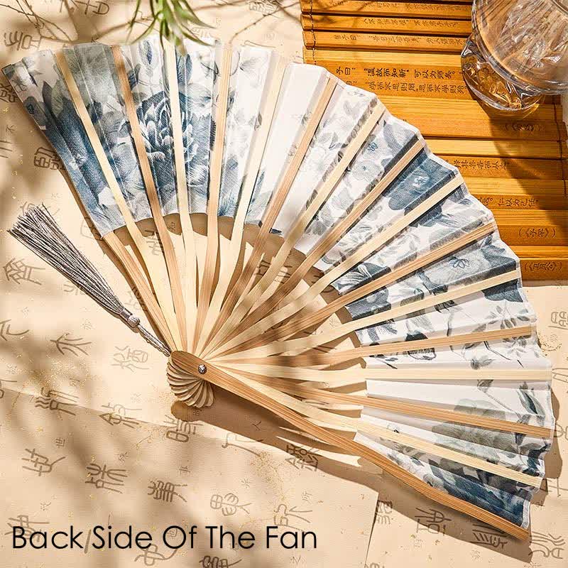 Buddha Stones Elegant Floral Ink Pattern Tassel Chinese Style Bamboo Folding Fan 21 cm - image 21