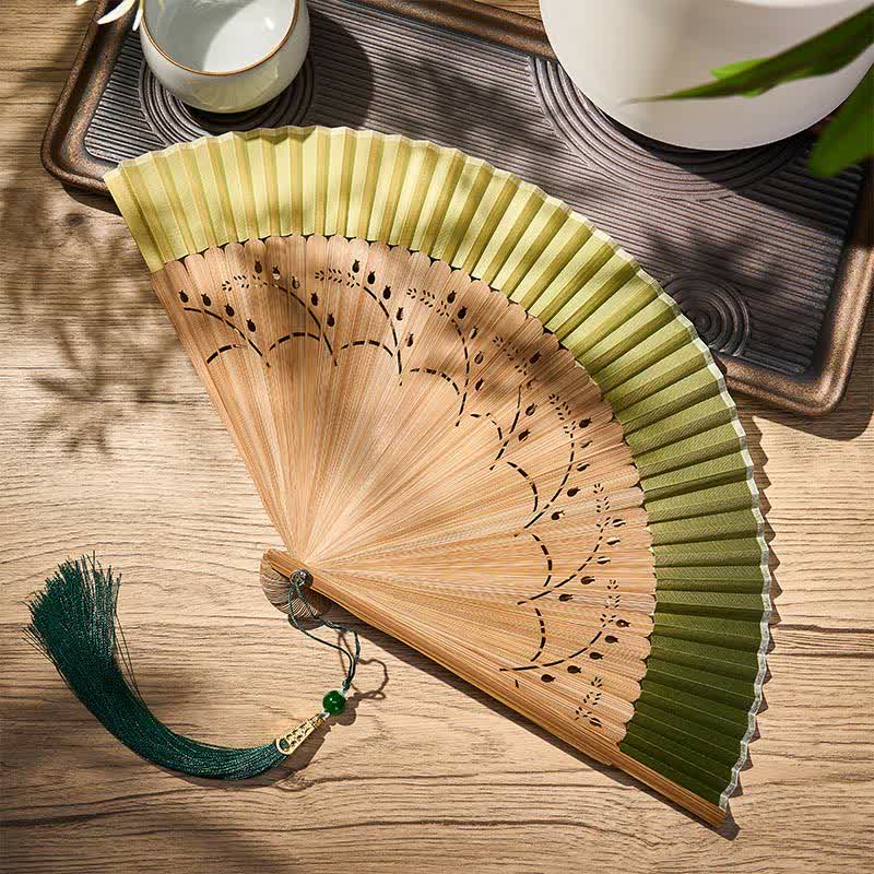 Buddha Stones Vintage Small Koi Fish Aquatic Plants Pattern Success Bamboo Cotton Linen Folding Fan - Green(Complimentary Tassel) - Closed Size: Approx. 21 cm / 8.3 in - image 0