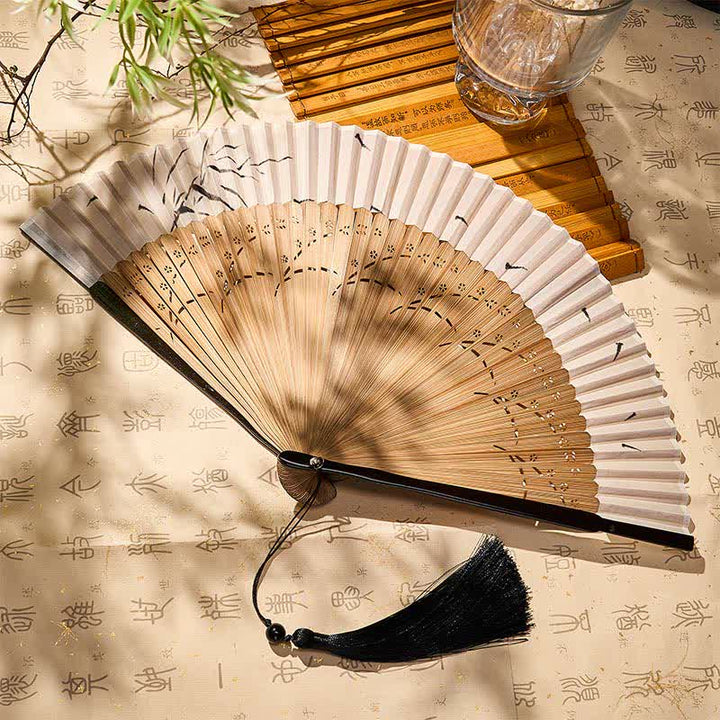 Buddha Stones Vintage Small Koi Fish Aquatic Plants Pattern Success Bamboo Cotton Linen Folding Fan - Beige(Complimentary Tassel) - Closed Size: Approx. 21 cm / 8.3 in - image 7