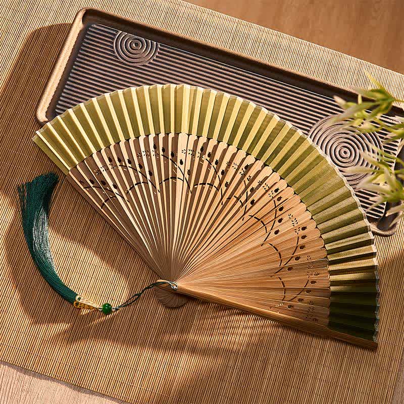 Buddha Stones Vintage Small Koi Fish Aquatic Plants Pattern Success Bamboo Cotton Linen Folding Fan - image 5