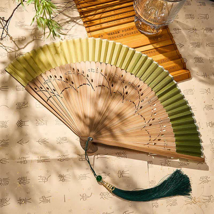 Buddha Stones Vintage Small Koi Fish Aquatic Plants Pattern Success Bamboo Cotton Linen Folding Fan - image 1