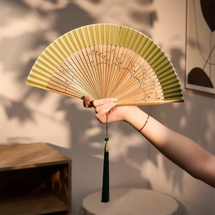 Buddha Stones Vintage Small Koi Fish Aquatic Plants Pattern Success Bamboo Cotton Linen Folding Fan - image 3