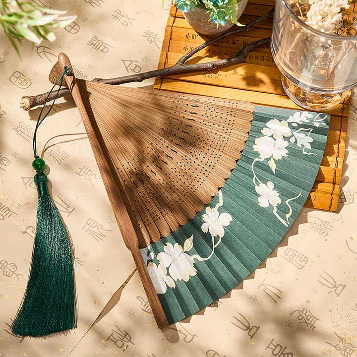 Buddha Stones Retro Flower Paper Folding Fan 22.5 cm - image 4