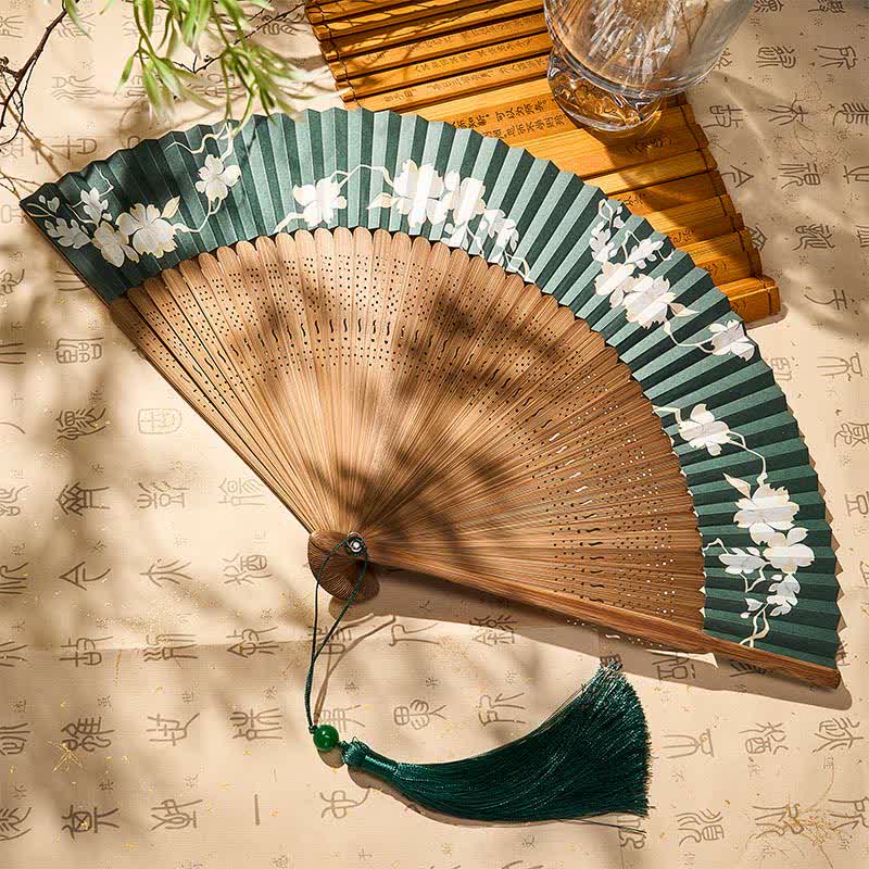 Buddha Stones Retro Flower Paper Folding Fan 22.5 cm - image 1