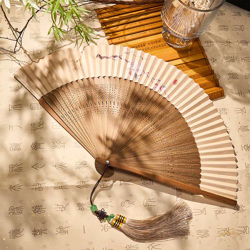 Buddha Stones Vintage Plum Blossom Bamboo Paper Foldable Fan 22.5 cm - image 1