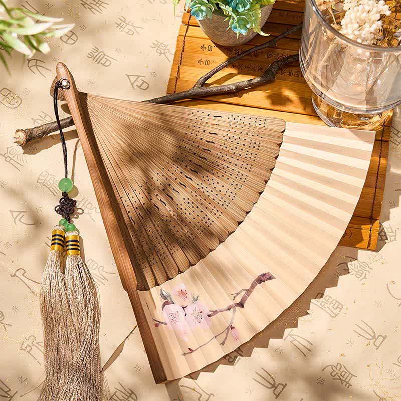 Buddha Stones Vintage Plum Blossom Bamboo Paper Foldable Fan 22.5 cm - image 3