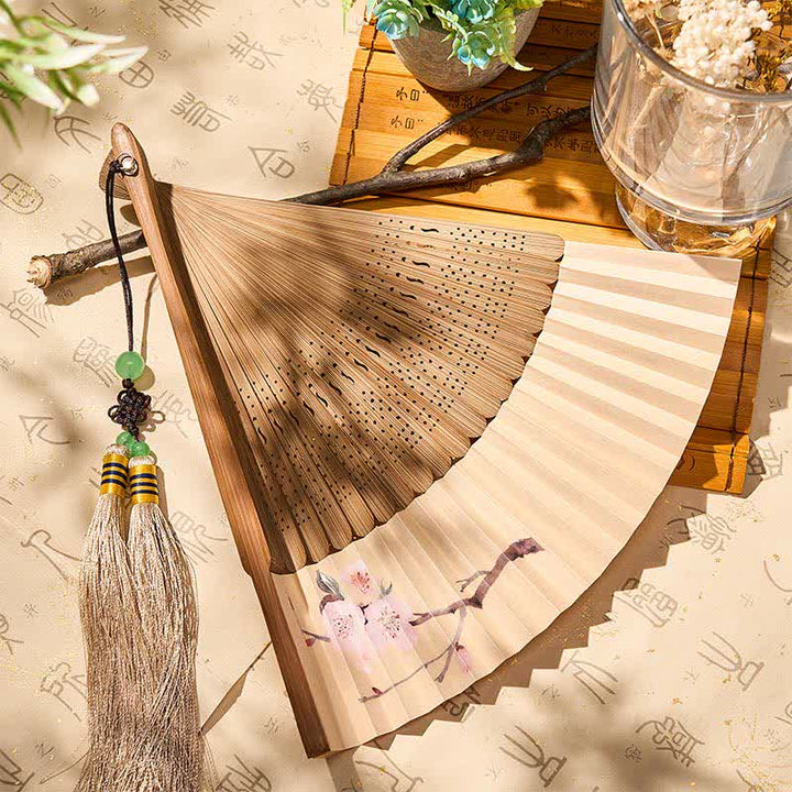 Buddha Stones Vintage Plum Blossom Bamboo Paper Foldable Fan 22.5 cm - image 3