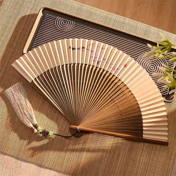 Buddha Stones Vintage Plum Blossom Bamboo Paper Foldable Fan 22.5 cm - image 5