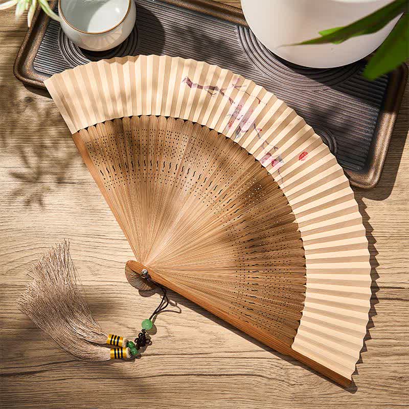 Buddha Stones Vintage Plum Blossom Bamboo Paper Foldable Fan 22.5 cm - Plum Blossom(Closed Size: Approx. 22.5 cm / 8.9 in) - image 0
