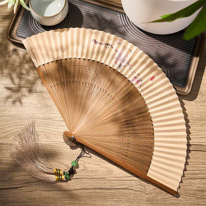 Buddha Stones Vintage Plum Blossom Bamboo Paper Foldable Fan 22.5 cm - Plum Blossom(Closed Size: Approx. 22.5 cm / 8.9 in) - image 0