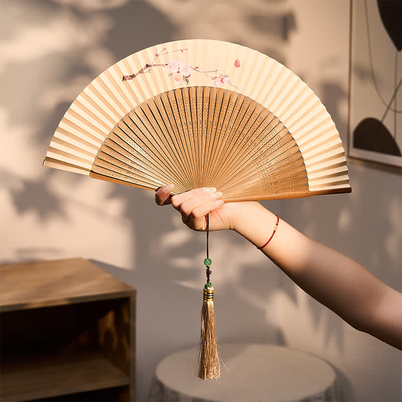 Buddha Stones Vintage Plum Blossom Bamboo Paper Foldable Fan 22.5 cm - image 4