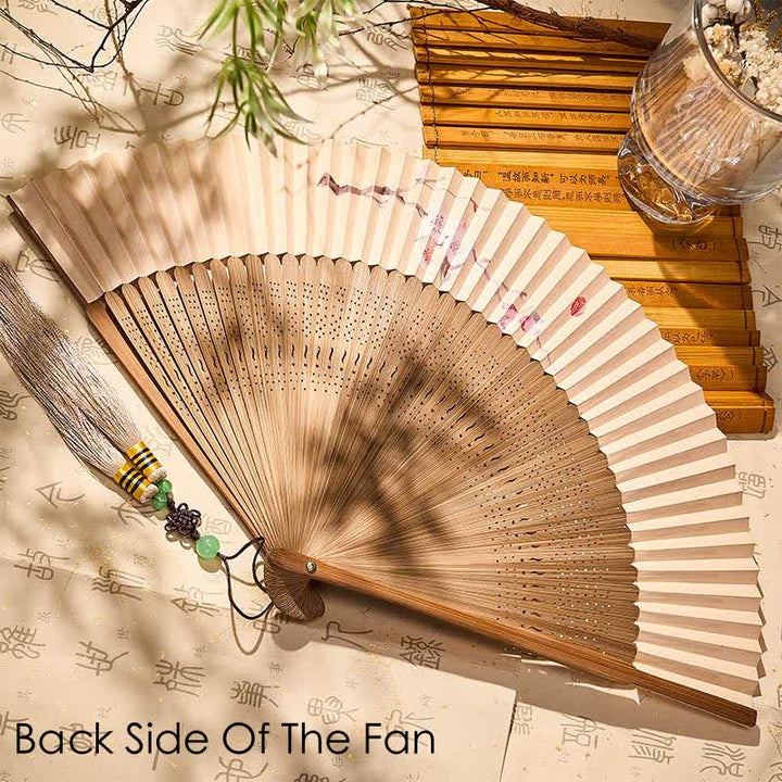 Buddha Stones Vintage Plum Blossom Bamboo Paper Foldable Fan 22.5 cm - image 2