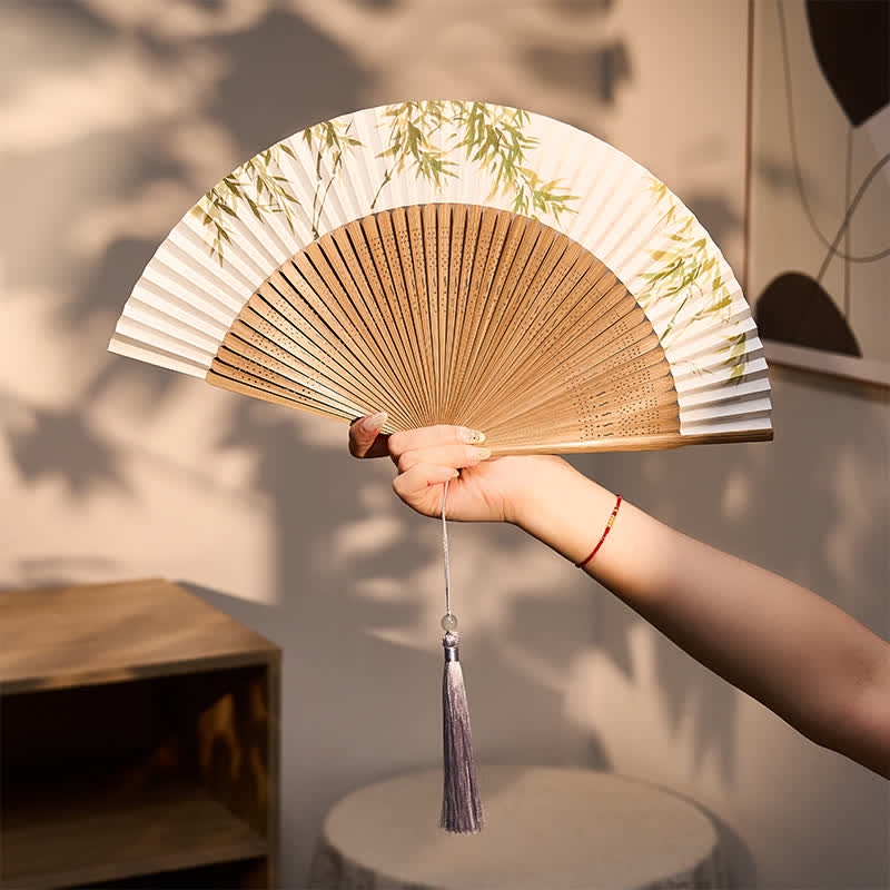 Buddha Stones Bamboo Grove Pattern Oriental Paper Folding Fan 22.5 cm - image 3