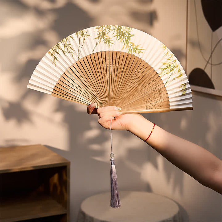 Buddha Stones Bamboo Grove Pattern Oriental Paper Folding Fan 22.5 cm - image 3