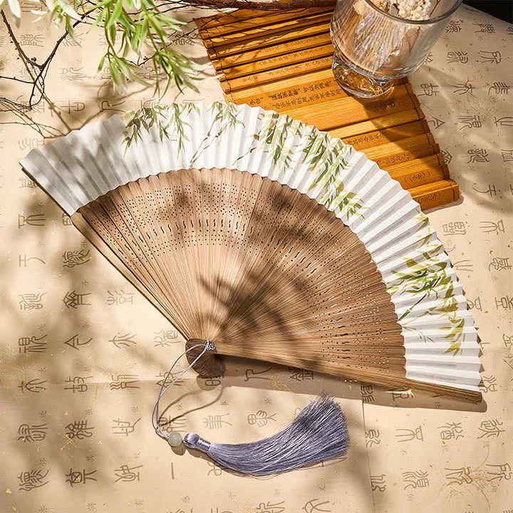 Buddha Stones Bamboo Grove Pattern Oriental Paper Folding Fan 22.5 cm - image 5