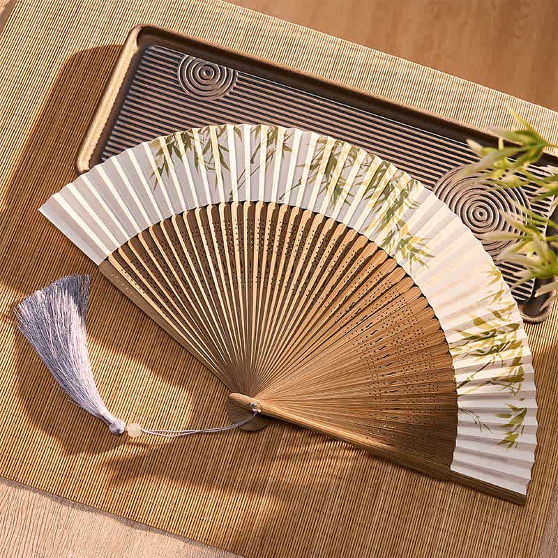 Buddha Stones Bamboo Grove Pattern Oriental Paper Folding Fan 22.5 cm - image 1
