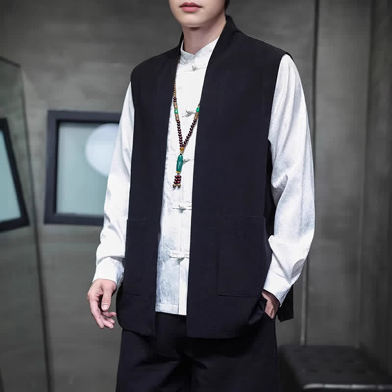 Buddha Stones Spring Summer Fall Tang Style Casual Patch Pocket Solid Cotton Men's Vests With Pocket - image 15