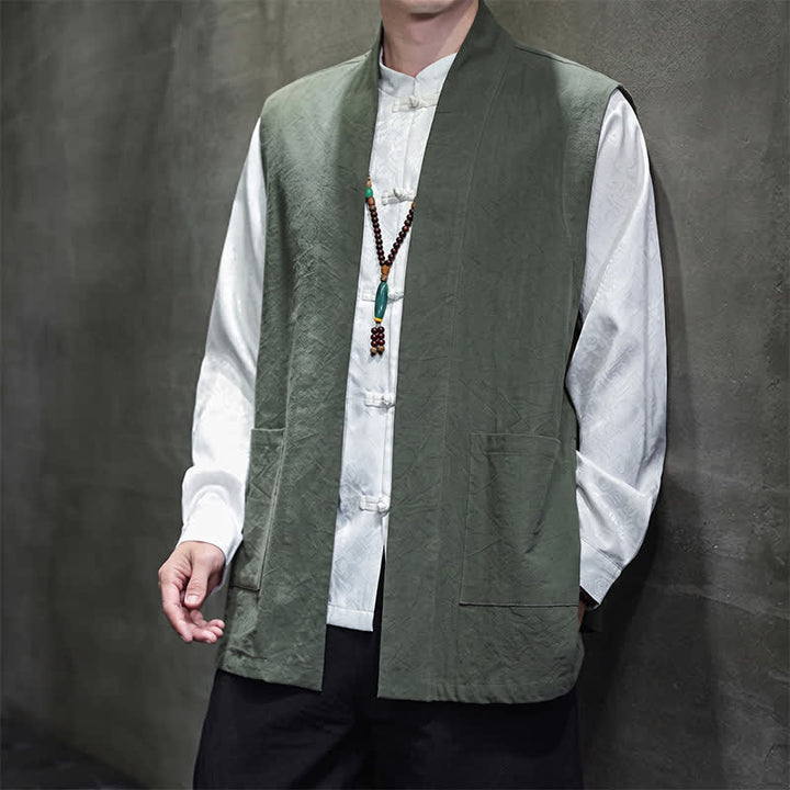 Buddha Stones Spring Summer Fall Tang Style Casual Patch Pocket Solid Cotton Men's Vests With Pocket - image 26