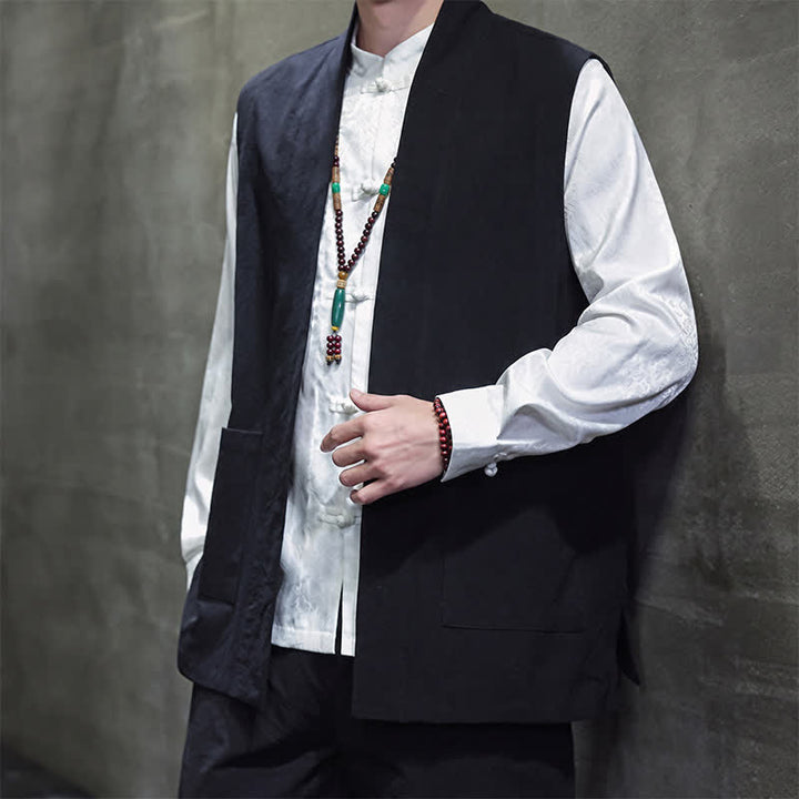 Buddha Stones Spring Summer Fall Tang Style Casual Patch Pocket Solid Cotton Men's Vests With Pocket - image 20