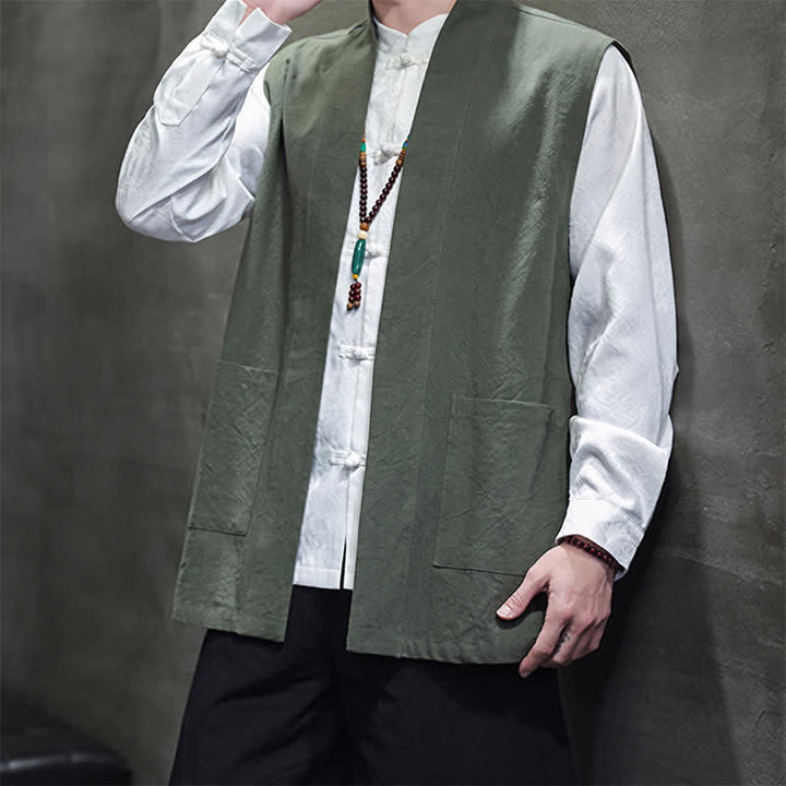 Buddha Stones Spring Summer Fall Tang Style Casual Patch Pocket Solid Cotton Men's Vests With Pocket - image 27