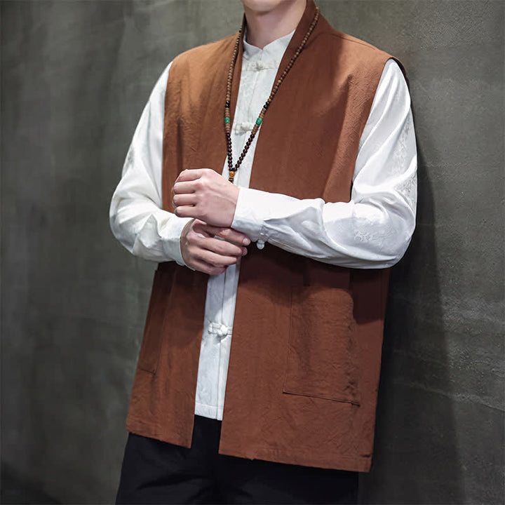 Buddha Stones Spring Summer Fall Tang Style Casual Patch Pocket Solid Cotton Men's Vests With Pocket - image 2
