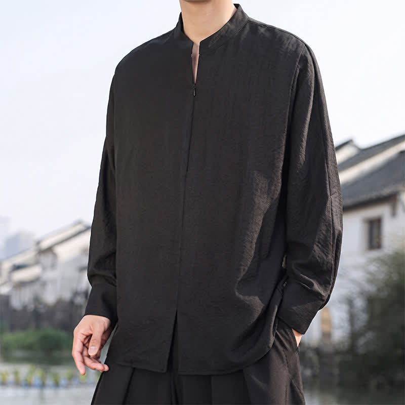Buddha Stones Spring Summer Casual Minimalist Tang Style Mandarin Collar Solid Men's Long Sleeve Shirts - image 13