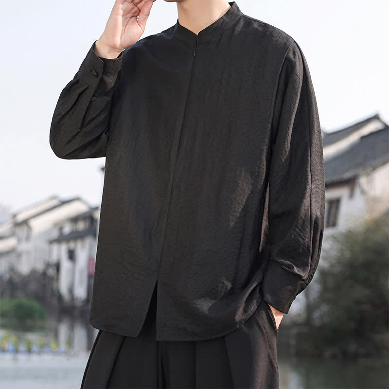 Buddha Stones Spring Summer Casual Minimalist Tang Style Mandarin Collar Solid Men's Long Sleeve Shirts - image 16