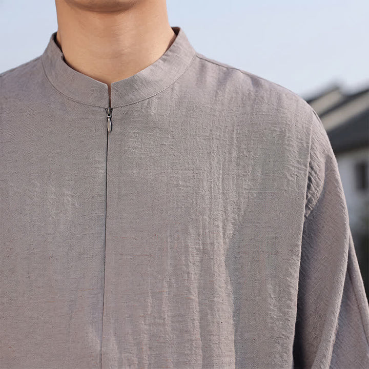 Buddha Stones Spring Summer Casual Minimalist Tang Style Mandarin Collar Solid Men's Long Sleeve Shirts - image 9
