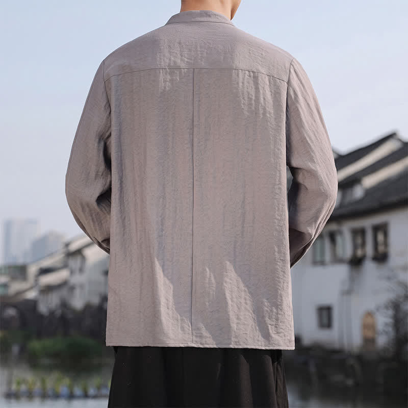 Buddha Stones Spring Summer Casual Minimalist Tang Style Mandarin Collar Solid Men's Long Sleeve Shirts - image 7