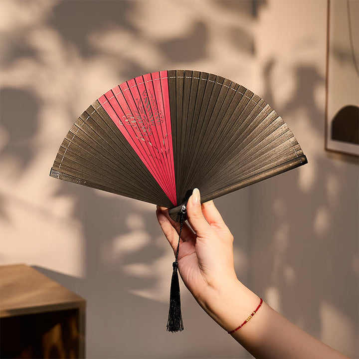Buddha Stones Bamboo Butterfly Transformation Tassel Chinese Folding Fan - image 5