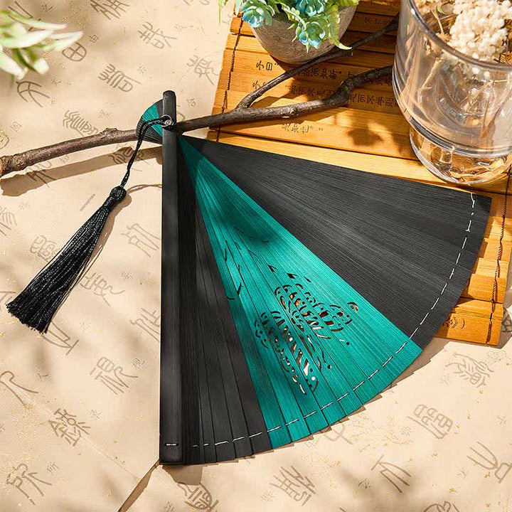 Buddha Stones Bamboo Butterfly Transformation Tassel Chinese Folding Fan - image 10