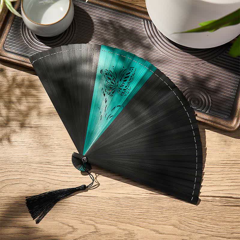 Buddha Stones Bamboo Butterfly Transformation Tassel Chinese Folding Fan - image 11