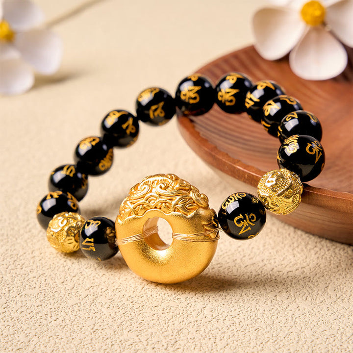 Buddha Stones Black Obsidian Pi Xiu Peace Buckle Om Mani Padme Hum Wealth Bracelet - image 3