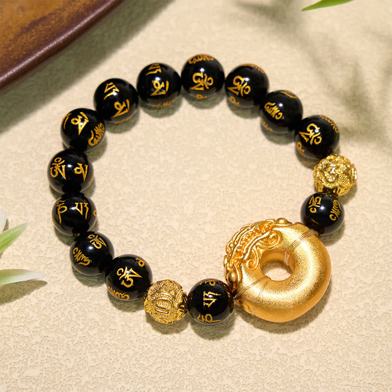 Buddha Stones Black Obsidian Pi Xiu Peace Buckle Om Mani Padme Hum Wealth Bracelet - image 1