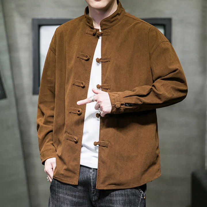 Buddha Stones Fall Winter Casual Tang Style Frog Button Solid Cotton Men's Jacket - image 8