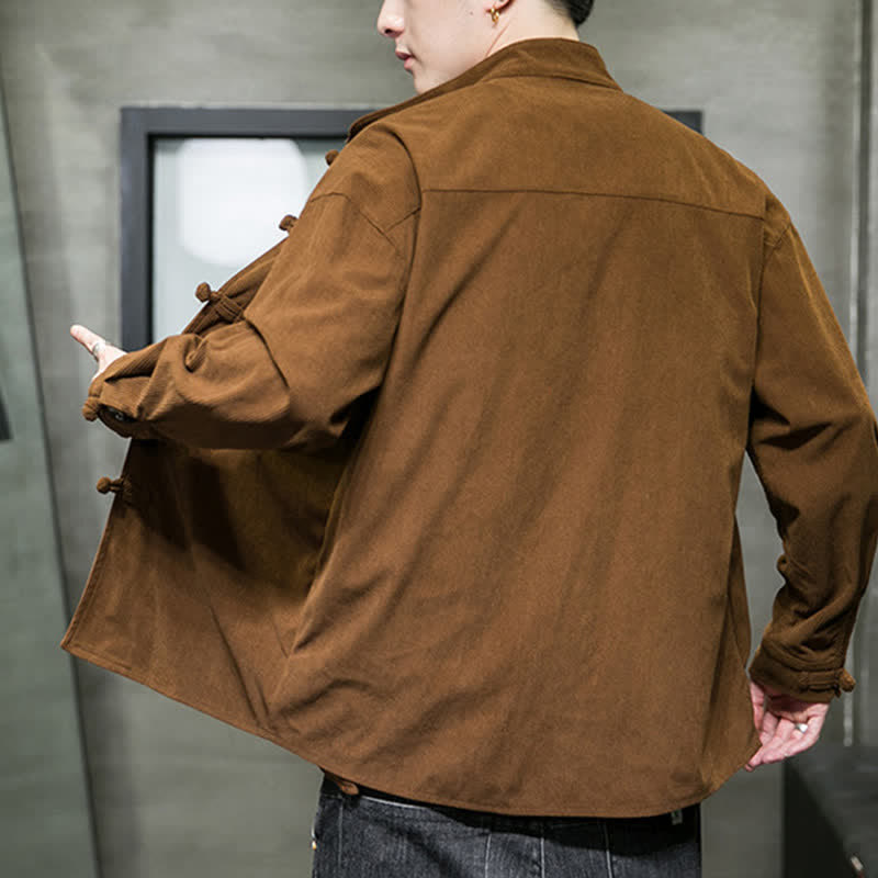 Buddha Stones Fall Winter Casual Tang Style Frog Button Solid Cotton Men's Jacket - image 4
