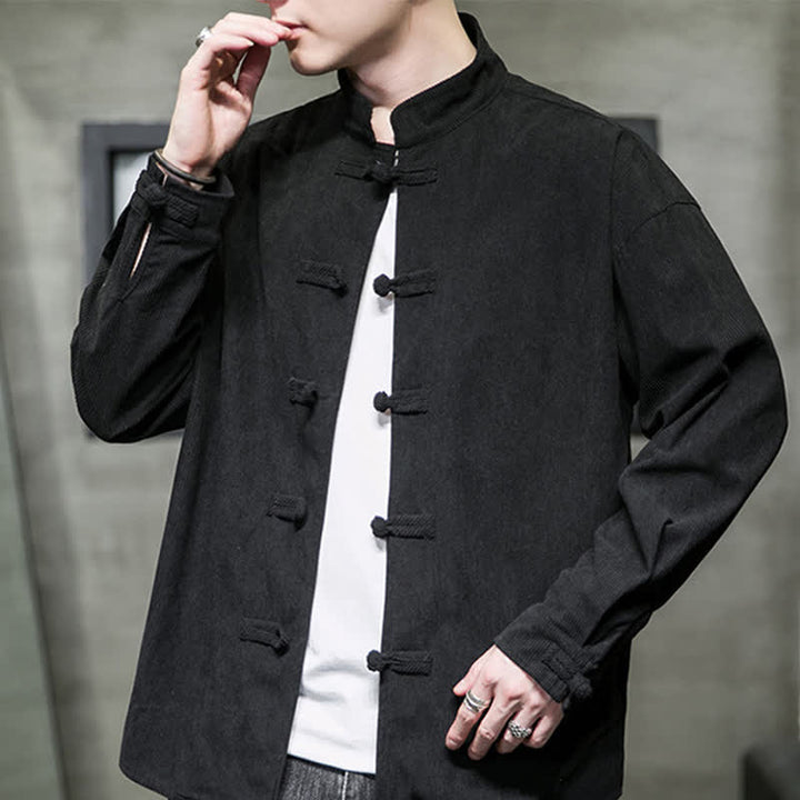 Buddha Stones Fall Winter Casual Tang Style Frog Button Solid Cotton Men's Jacket - image 18