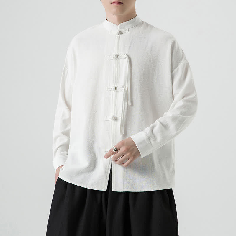 Buddha Stones Fall Winter Tang Style Vintage Frog Button Solid Cotton Linen Men's Jacket - image 14