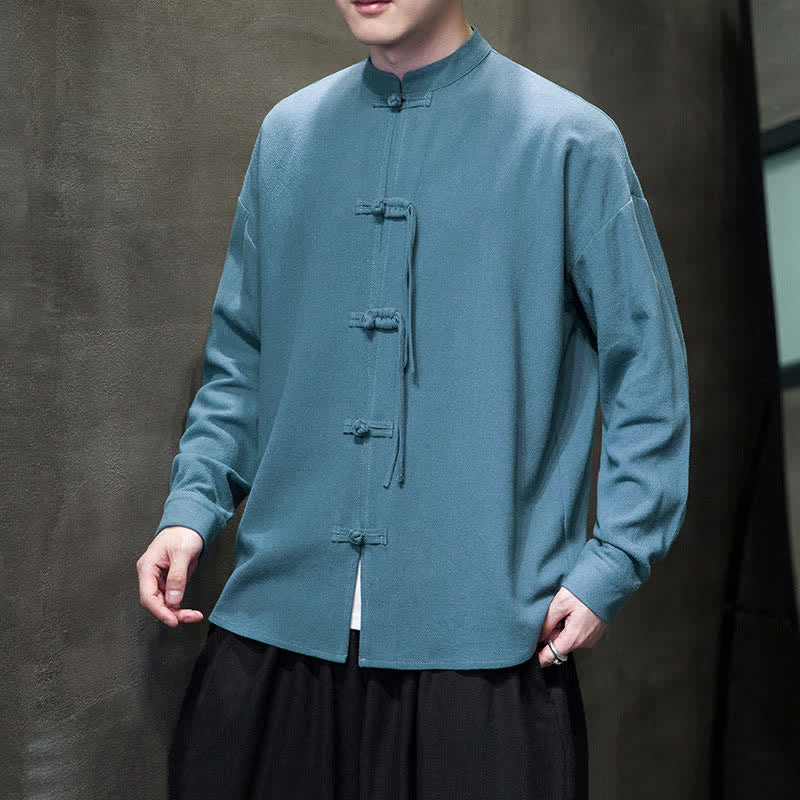 Buddha Stones Fall Winter Tang Style Vintage Frog Button Solid Cotton Linen Men's Jacket - image 2