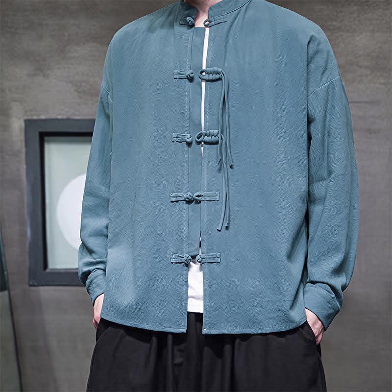 Buddha Stones Fall Winter Tang Style Vintage Frog Button Solid Cotton Linen Men's Jacket - image 7