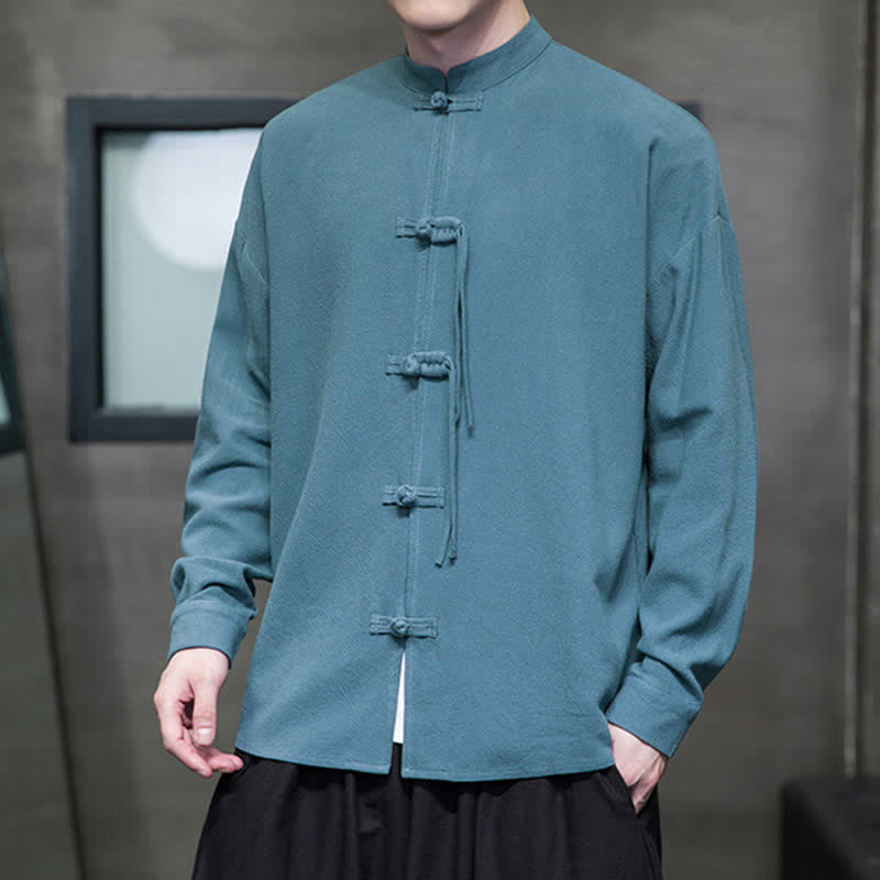 Buddha Stones Fall Winter Tang Style Vintage Frog Button Solid Cotton Linen Men's Jacket - image 6